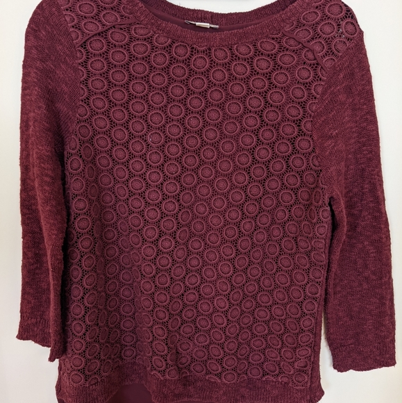 Lucky Brand Maroon Lace Crochet Layered Sweater Boho Crew Neck Medium - Picture 3 of 9